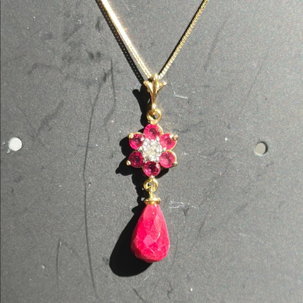 14K Gold Necklace Rubies & Diamonds Flower and Teardrop Ruby Pendant